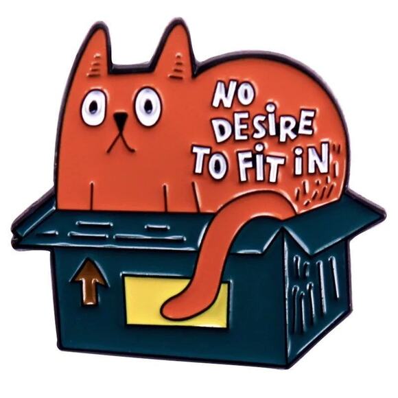 "No Desire to Fit In" cat on box enamel pin kitten kitty - Picture 1 of 1